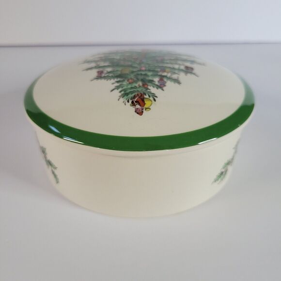 Green White Spode Christmas Tree Porcelain Round 5” Trinket Powder Box England - Picture 9 of 14